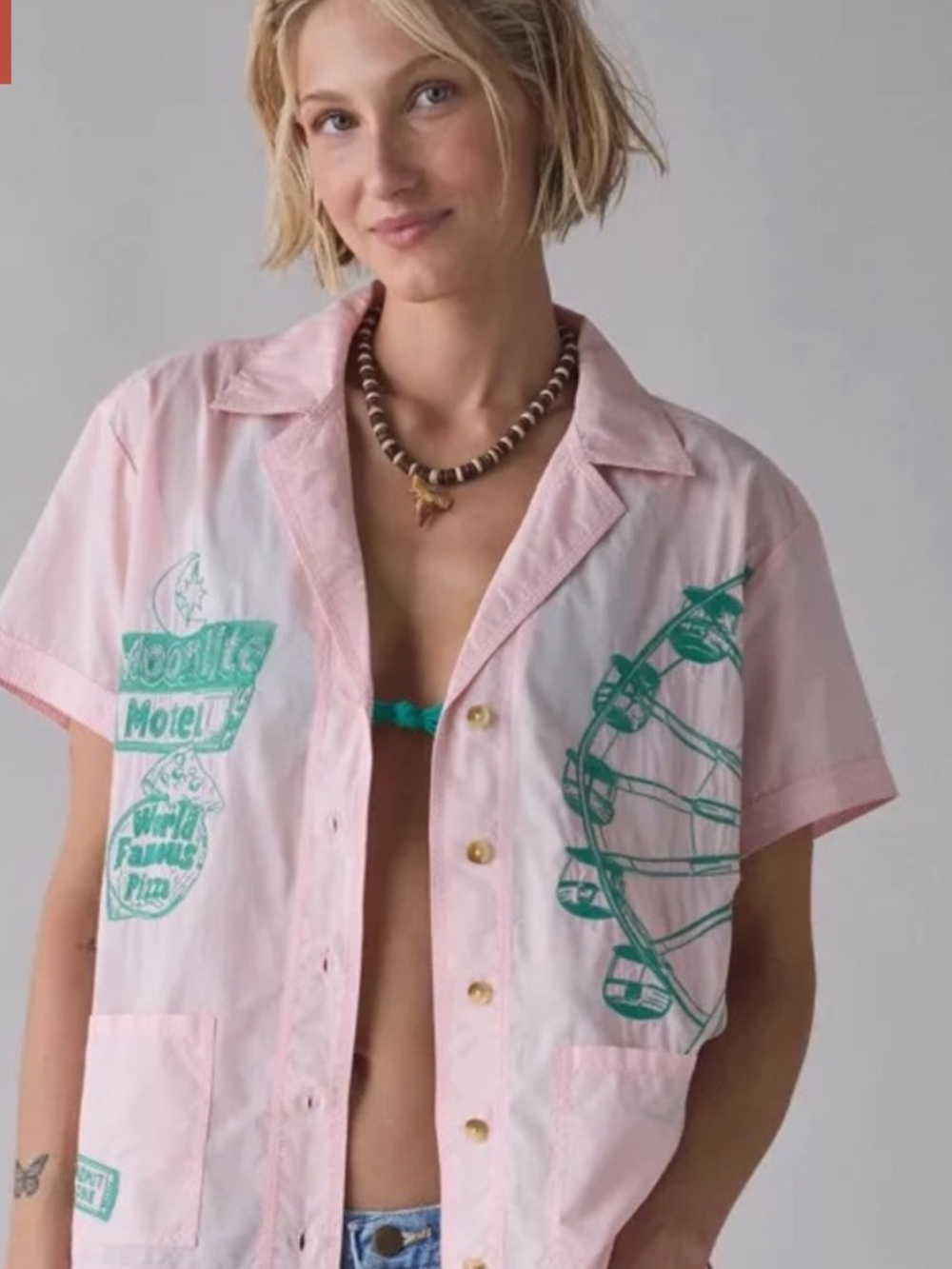 BDG Light Pink Short Sleeve Souvenir Embro Button-Down with Teal Graphic Accents